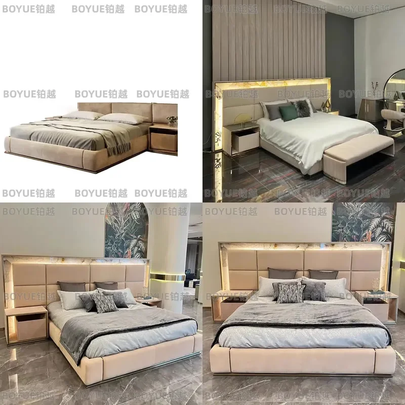 Modern Italian Leather Bed Luxury Master Bedroom Furniture High End Wide Frame Premium Upholstered Platform Double King Size