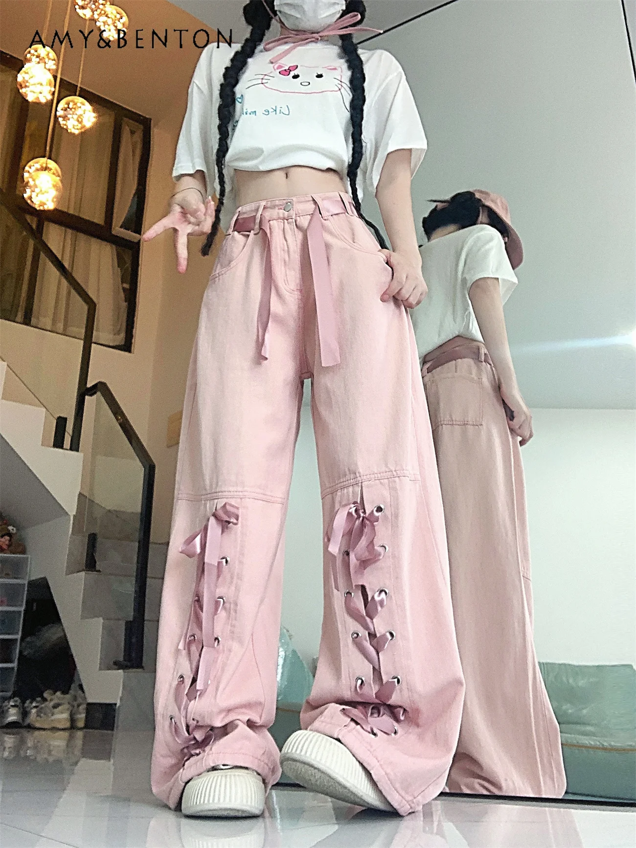 

Dopamine Girl Bow Tie Strap Loose Cargo Jeans Women Spring Autumn New Sweet Cool High Waist Slim Fit Hot Girl Y2K Long Pants