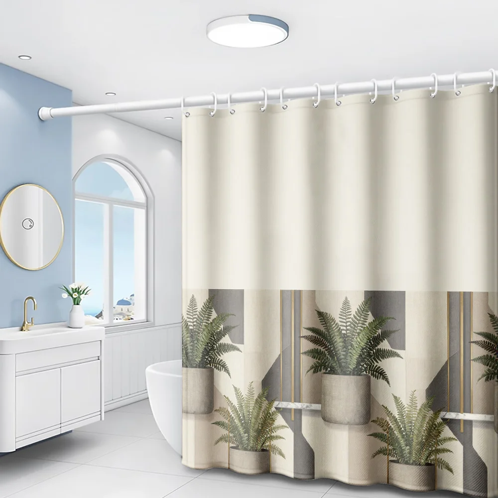 1pc Minimalist Geometric Background Greenery Modern Style Printed Shower Curtain Bathroom Home Decor Shower Curtain with Plastic