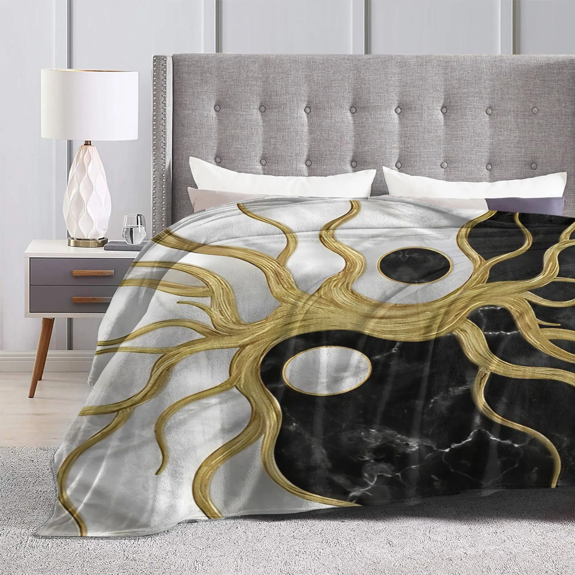 Yin Yang Tree Of Life Marbles And Gold Plush Blankets  Awesome Throw Blankets for Home Hotel Sofa  150*125cm Quilt