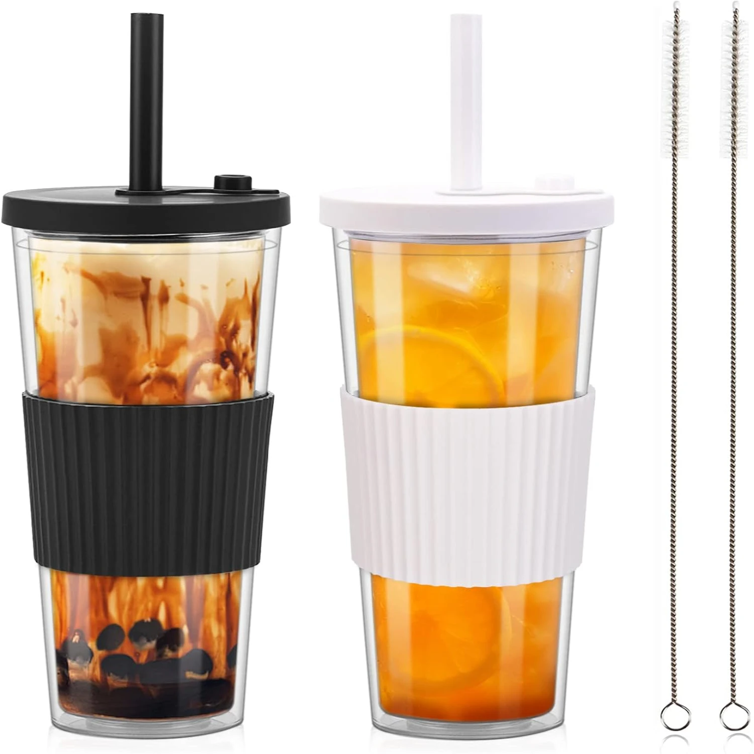 2 Pack Reusable Boba Tea Cups, 24oz Iced Coffee Cup with Straw and Lid, Leakproof Clear Plastic Cups Tumbler, Double Wall Insula