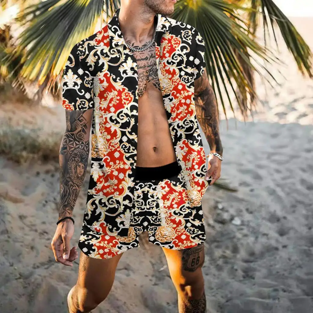 Summer Exquisite Men's Shirt Set Coconut Print Short Sleeve Top Leopard Print Shorts 2 Piece Hawaii Beach Men's Fashion Clothing