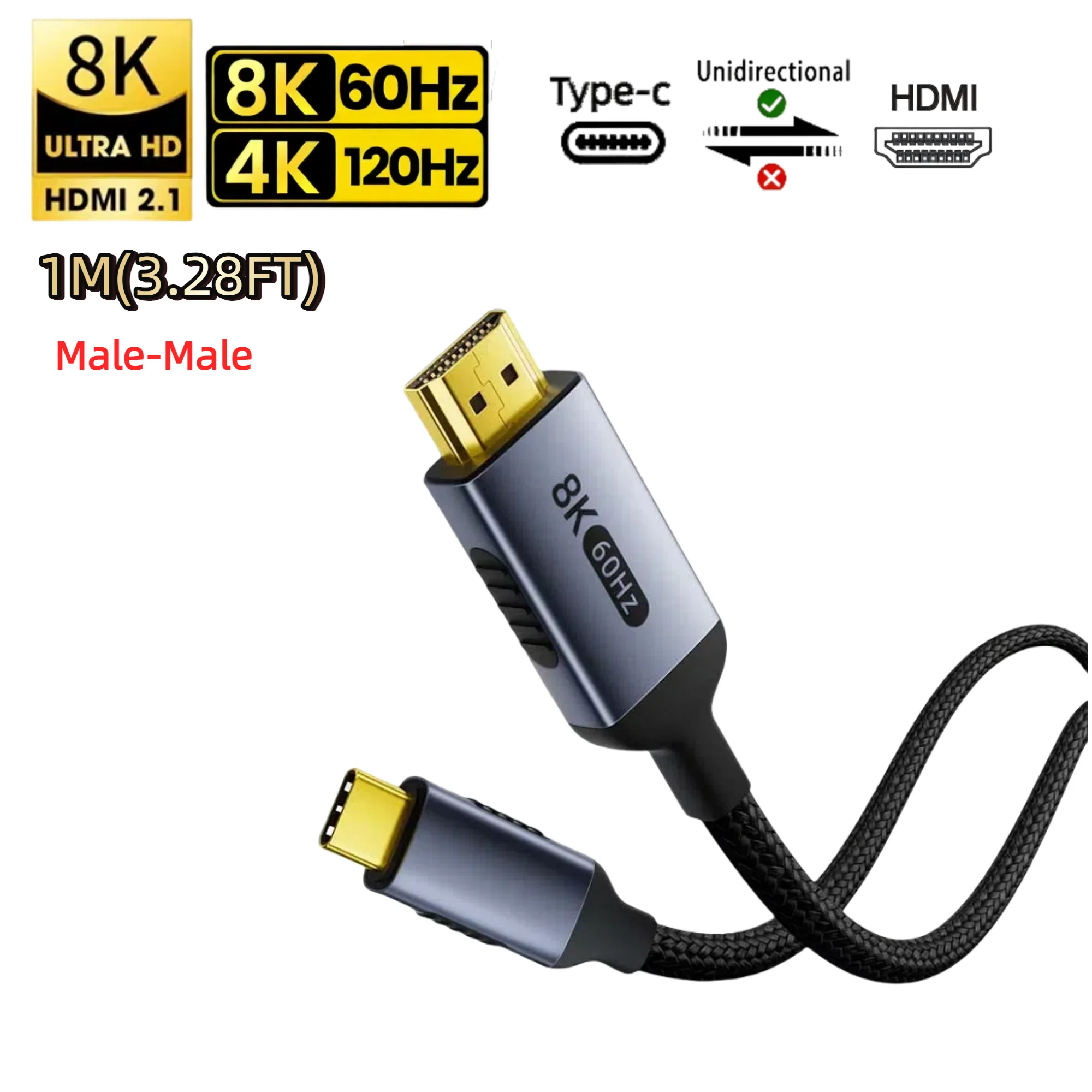 Type C naar HDMI-kabel 8K@60Hz 4K@120Hz 2K@240Hz USB C naar HDMI 2.1-snoer Compatibel voor TV-converter MacBook iPad Samsung Galaxy