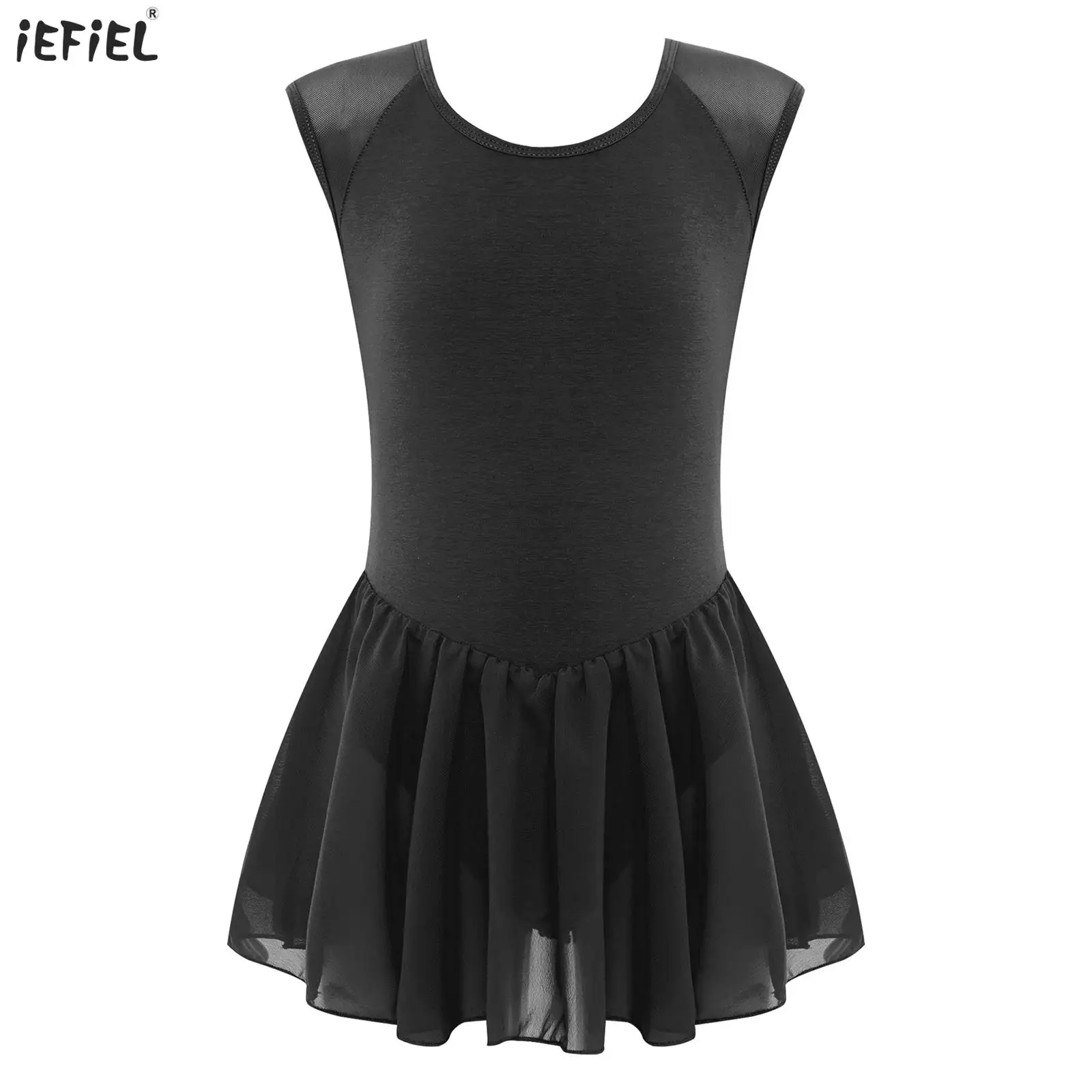 

Kids Girls Ballet Dance Dresses Cotton Sleeveless V-Back Sheer Mesh Patchwork Leotard Dress Ballerina Training Practice Costume