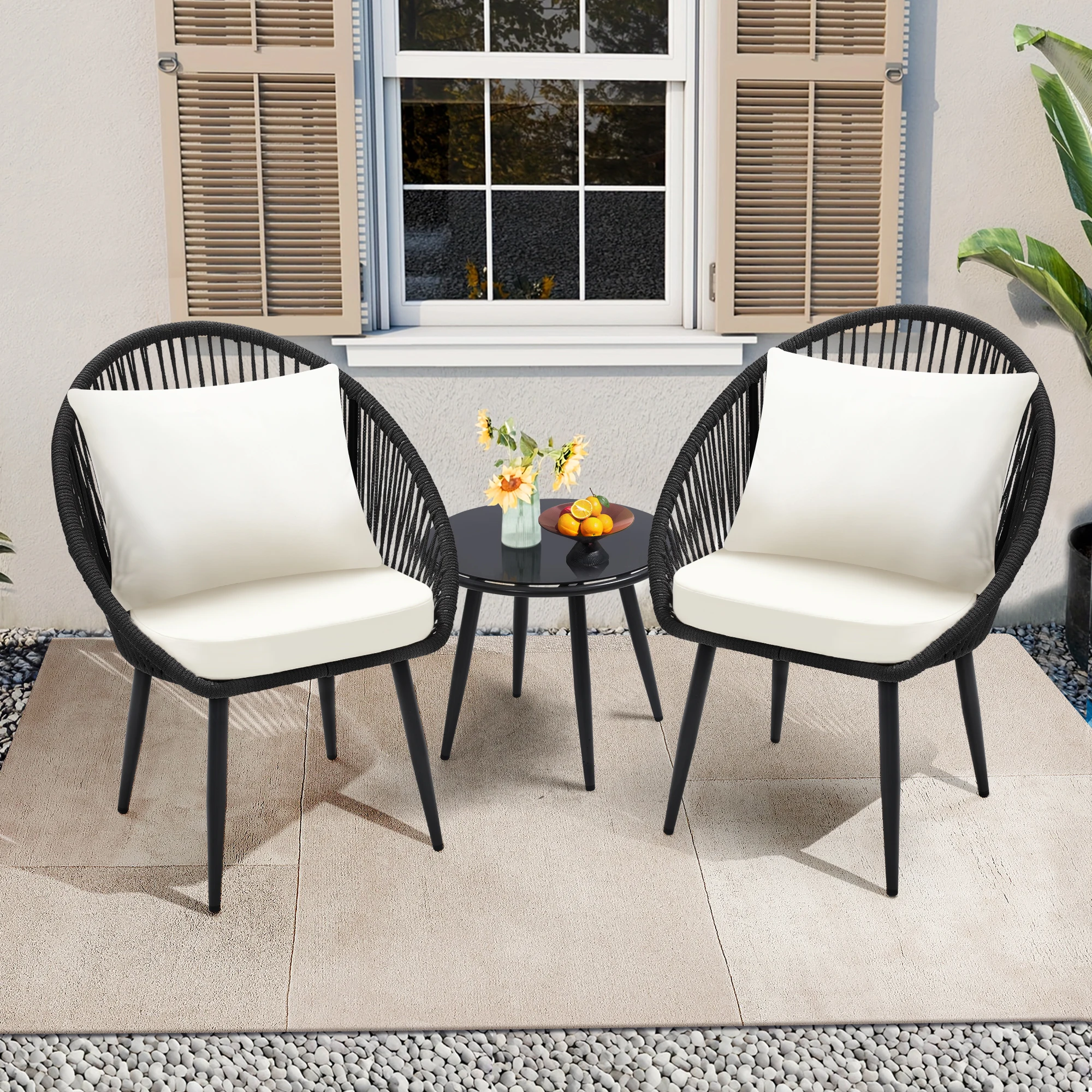3 Pieces Outdoor Conversation Bistro Set Woven Rope Chair With Cushions Side Table For Balcony Deck Poolside