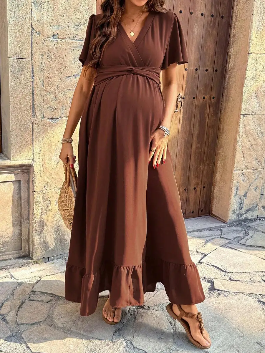 

Maternity Casual Solid Color Long Maxi Dress Brown Summer