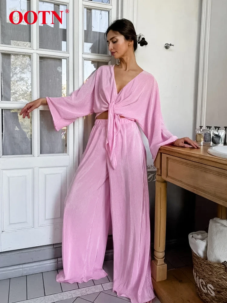 OOTN Pleated Office Solid Women Pants Sets Two Pieces Pink Cross V-Neck Shirts And Pleated Trousers Autumn Winter 2024 Ladies