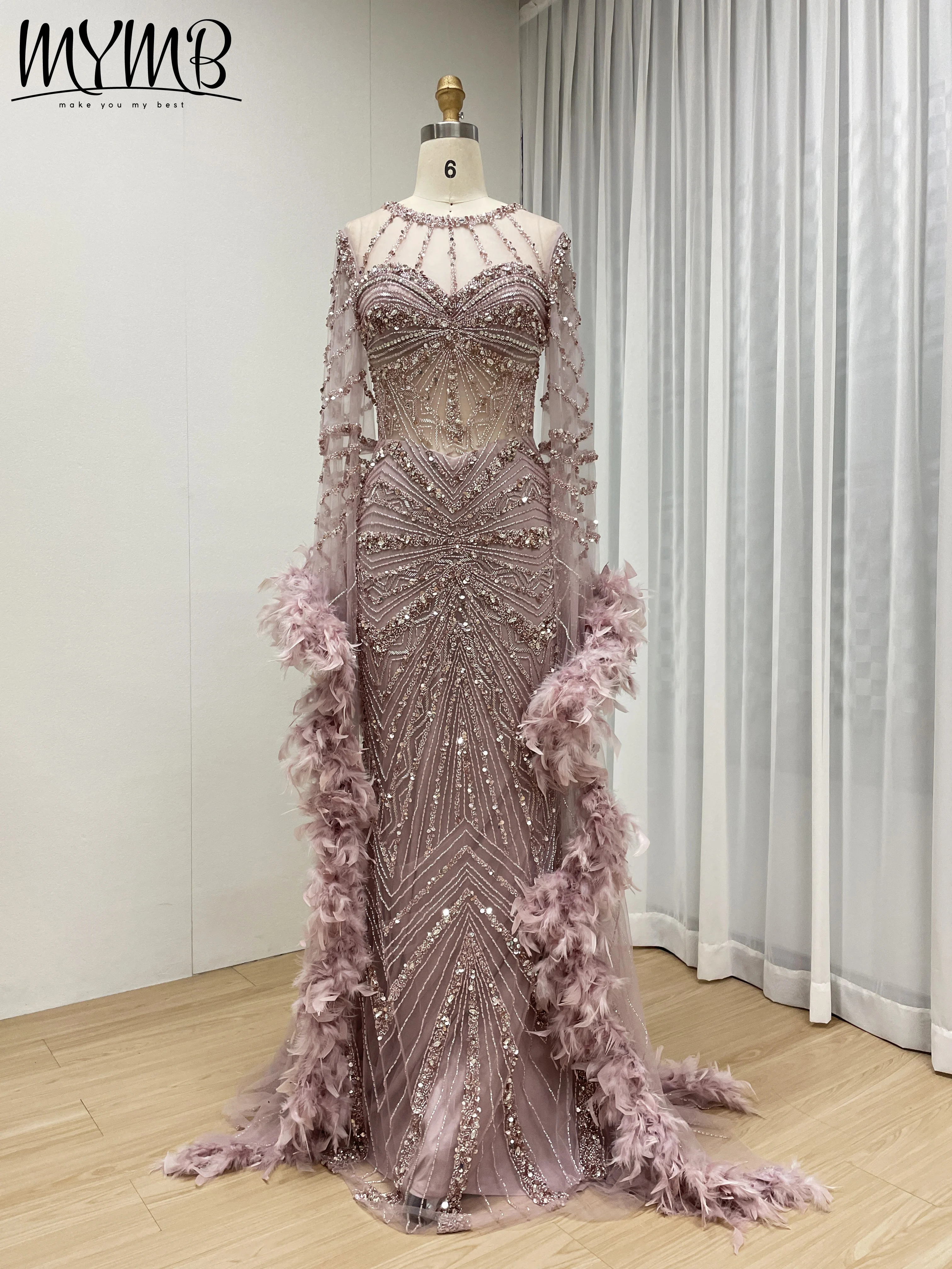 MYMB new Luxury Pink Caramel Beaded Mermaid Evening Dress with Feather Cuffs  for Women Formal Occasion Customize MB40389