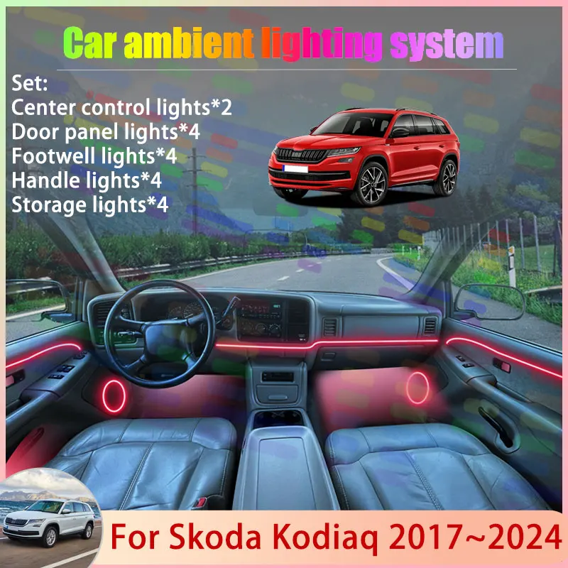 

Для Skoda Kodiaq MK1 NS7 NV7 NS6 2017 ~ 2024 2/18 в 1, автомобильная атмосферная лампа, RGB абажур, ансамбль, стример, атмосферный набор, авто