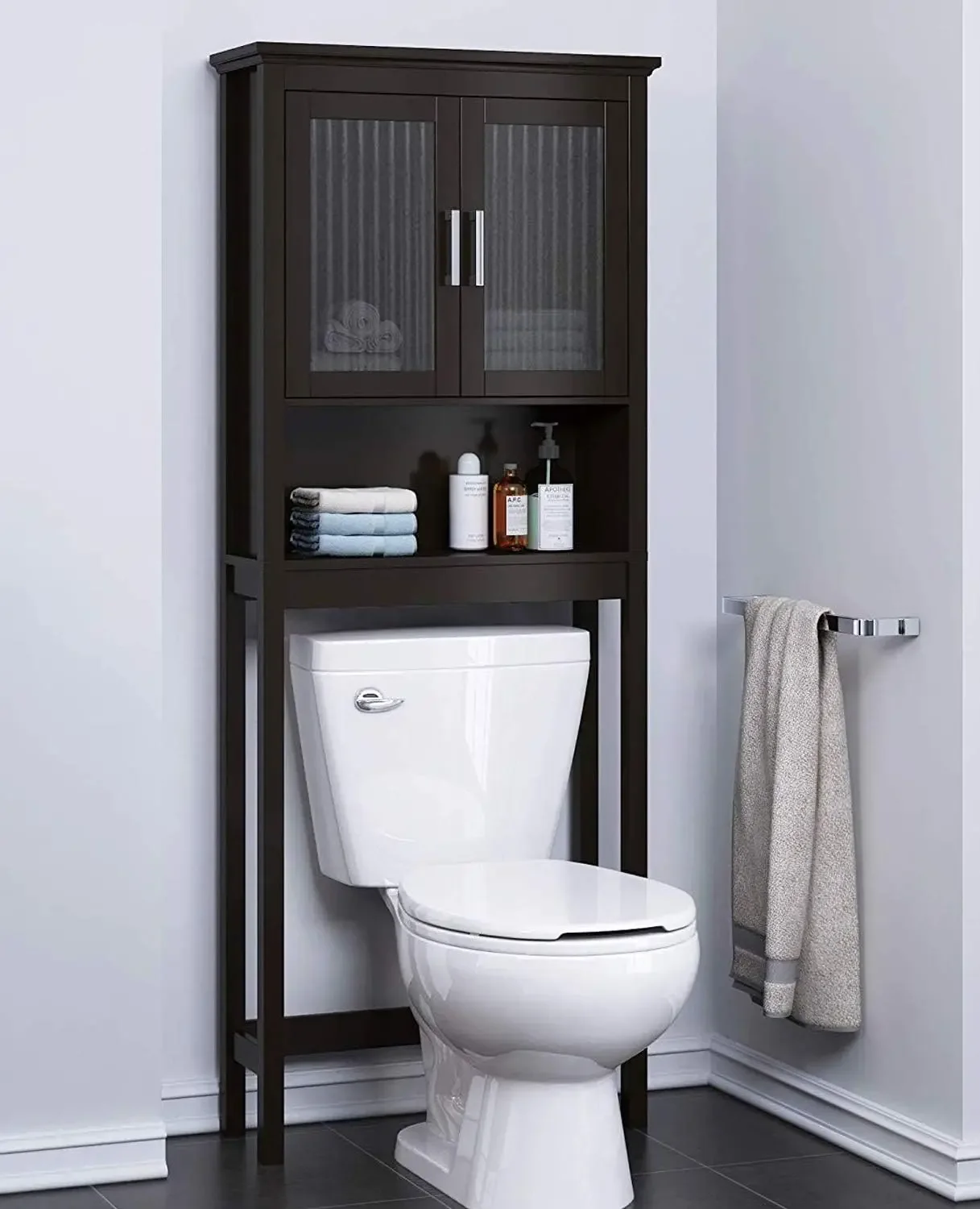 Spirich Over The Toilet Storage Cabinet with Moru Tempered Glass Doors, Bathroom Organizer above Toilet Storage Cabinet,Espresso