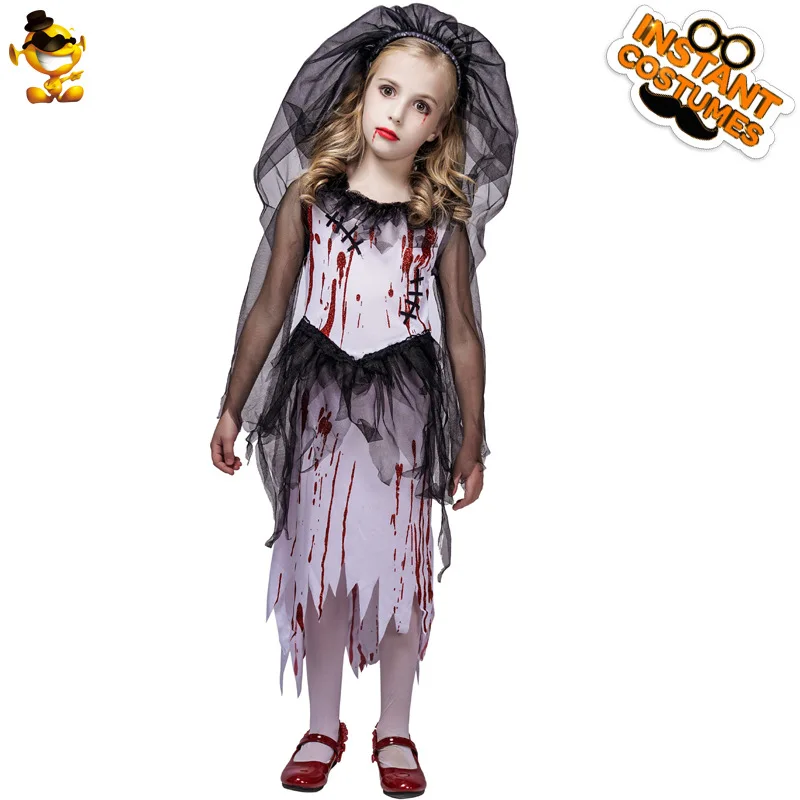 Halloween Horror Bloodstained Little Girl Ghost Bride Costume Headpiece Skirt Cosplay Stage Performance Party Outfit