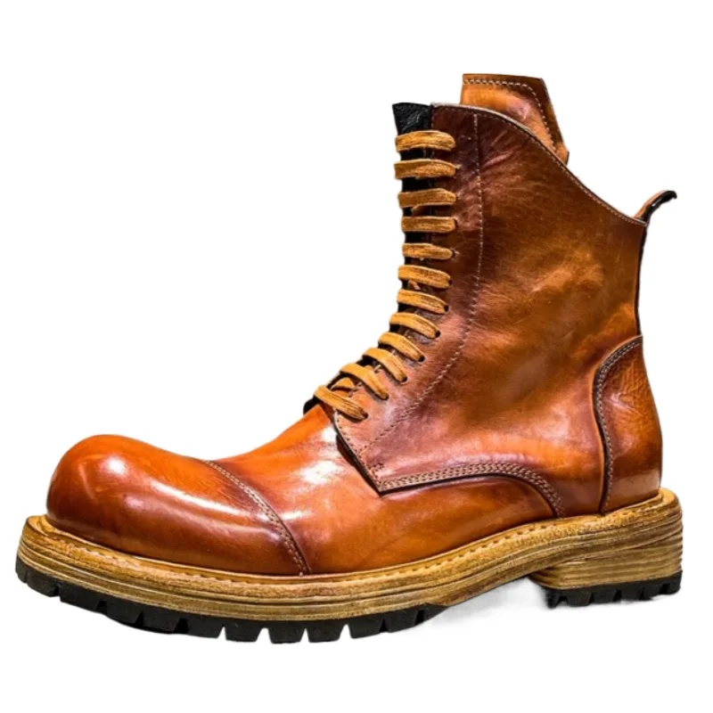 

British High-quality Washed Horsehide High-top Locomotive Boots Shoes for Men's Breathable Leather Sole Goodyear Hand-sewn Boots
