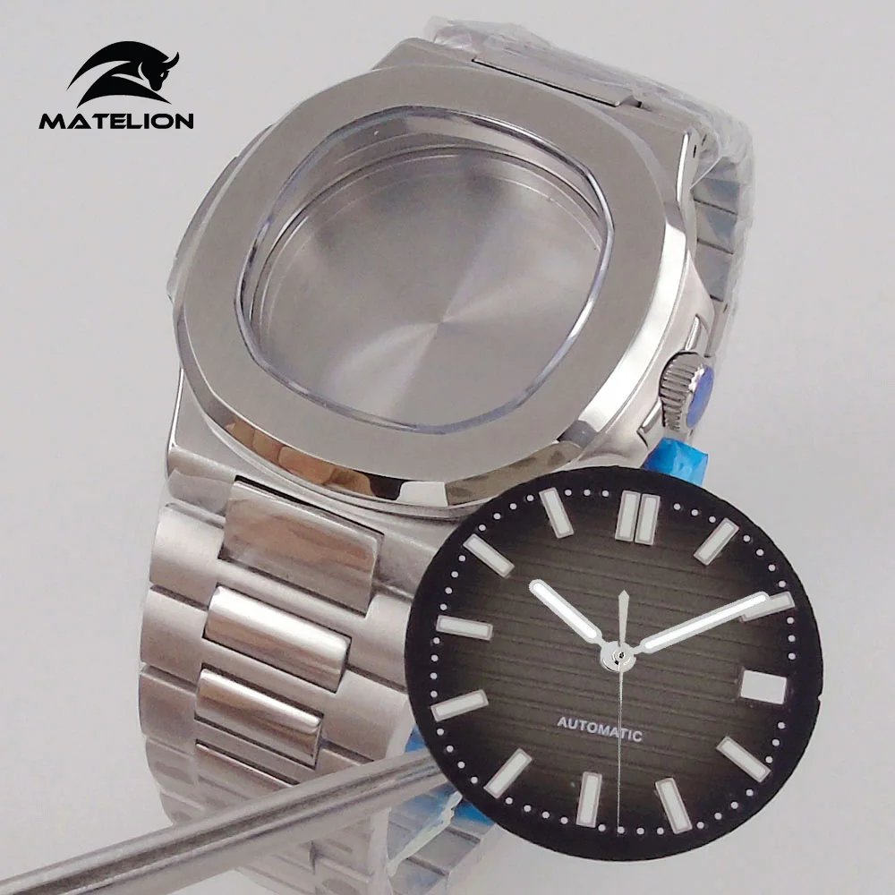 

MATELION квадратный корпус часов, синий, черный циферблат, набор стальных браслетов для NH34, NH35, NH36, механизм, сапфировое стекло, запасная часть для часов для дайвинга
