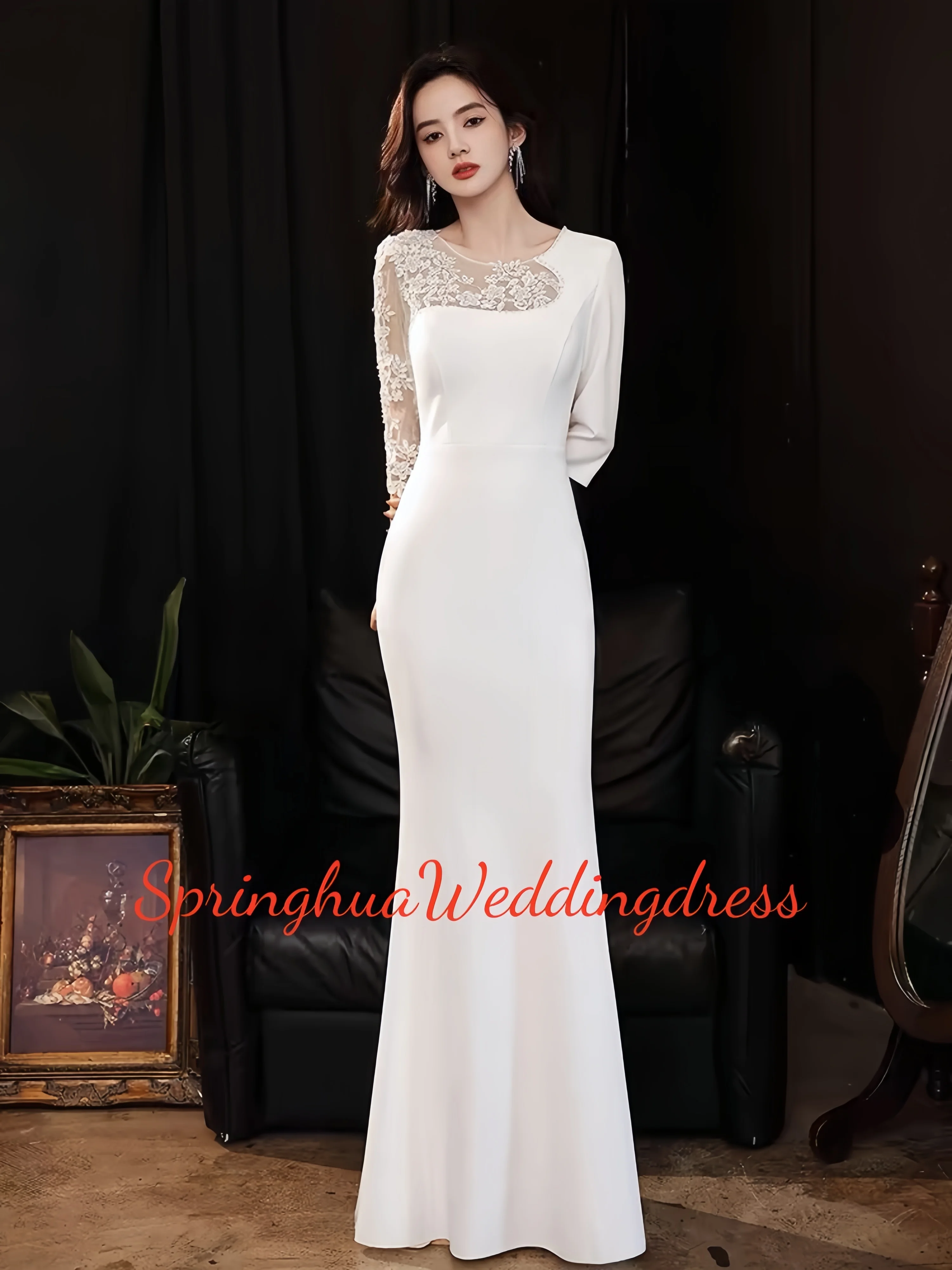 

Customized Elegant V-Neck Pearls Lace Appliques Bride Wedding Dresses Vestido De Novia