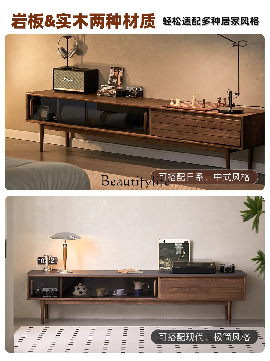 TV Cabinet Modern Light Luxury Nordic Minimalist Style Black Walnut Solid Wood Tea Table Combination Living Room Furniture