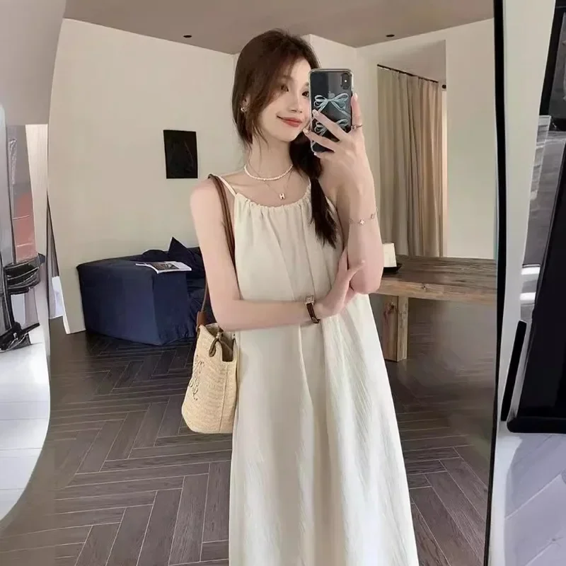 

Summer Sleeveless Maxi Women Chic Dresses Korean Fashion Simple Loose Robe Beach Vacation Casual Long Sundress French Lazy Style