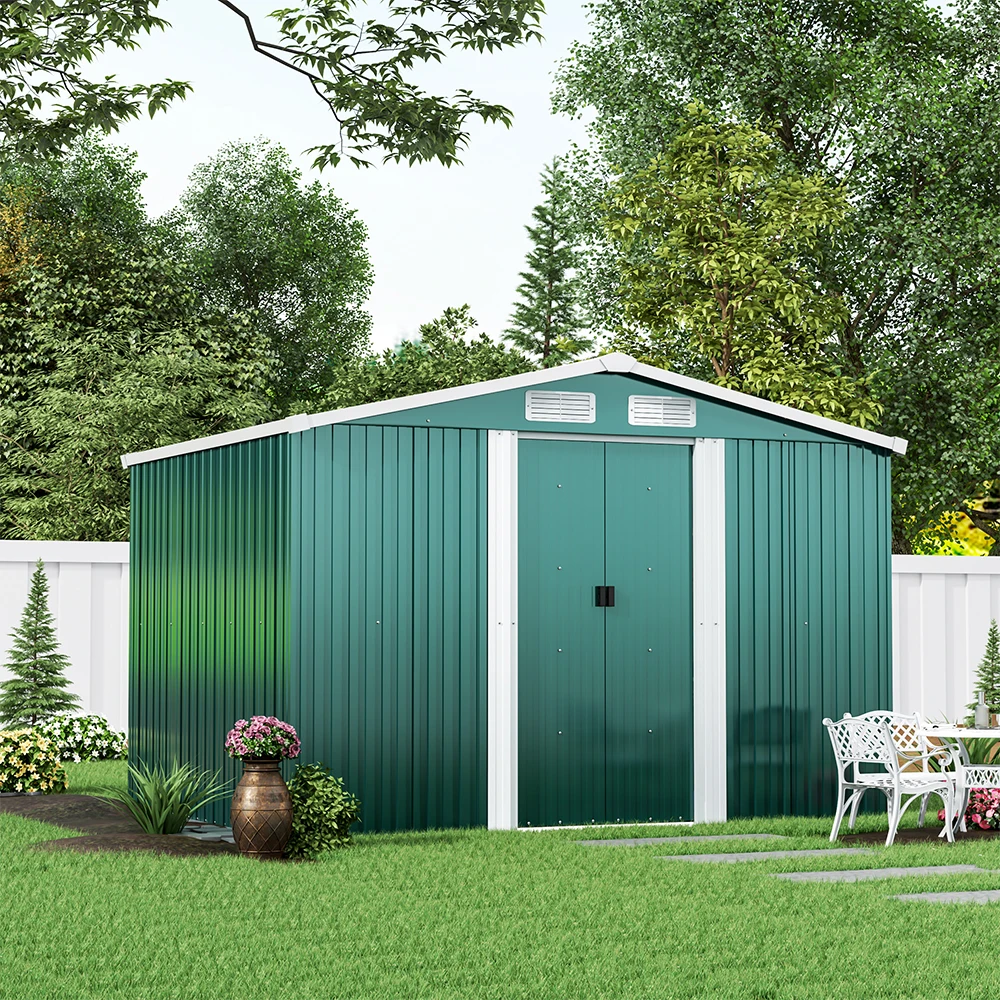 【Breeins】8 X 8 FT Green Outdoor Storage Shed, Metal Large Shed Garden with Air Vent, 2 Slide Door