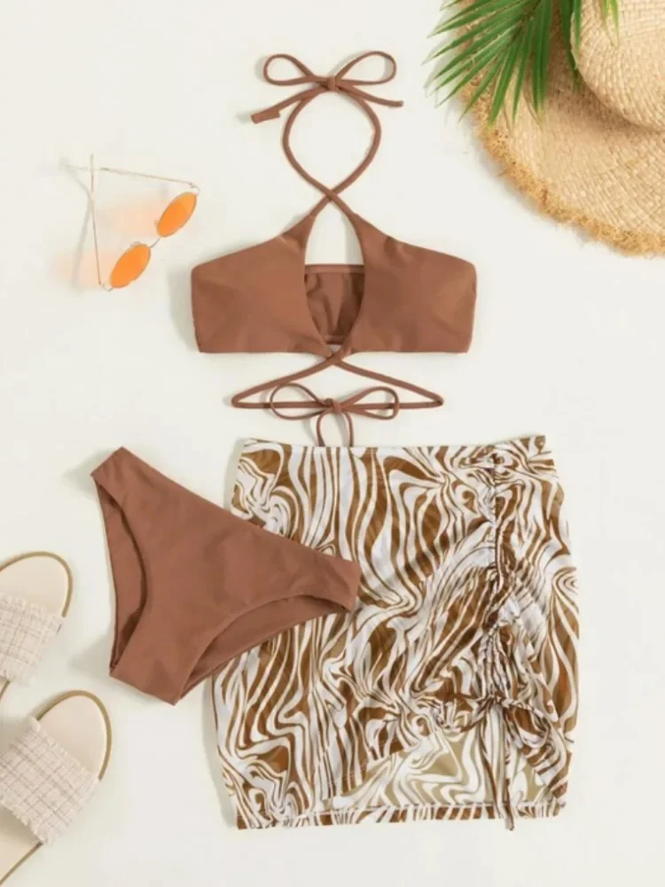 3 Pieces Criss Cross Bikinis Swimsuit Beach Skirt Cover Up Swimwear Women 2025 Brown Bathing Suit Brazilian Bikini Beachwear
