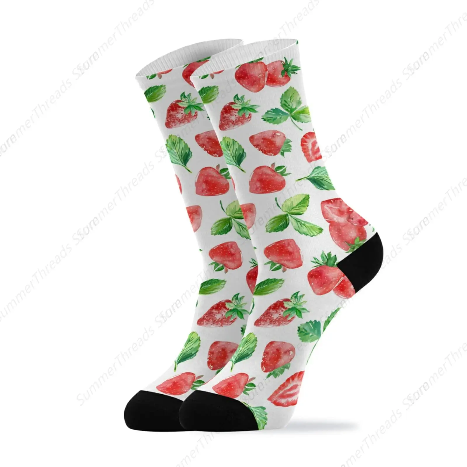 Seamless Watercolor Red Strawberries Berry with Green Leaves on White Unisex Long Casual Socks Athletic Crew Socks for Women Men