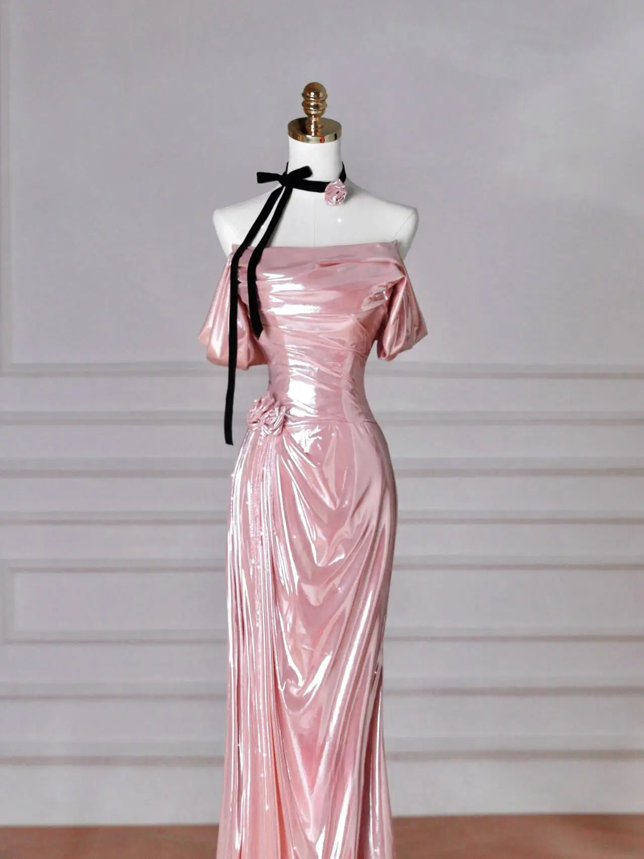 Gentle Pink Evening Dress Off-The-Shoulder Off-The-Back Pleated Strapless Slim Long Fishtail Formal Occasion Prom Gown