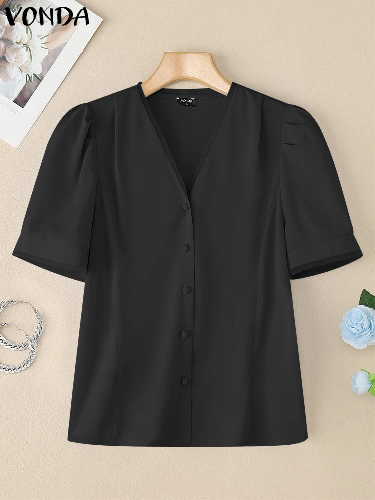 Camisas elegantes 2025 VONDA, Tops de manga corta para mujer, Túnica holgada informal con cuello en V, Blusas de trabajo de oficina con botones, Tops de Color sólido