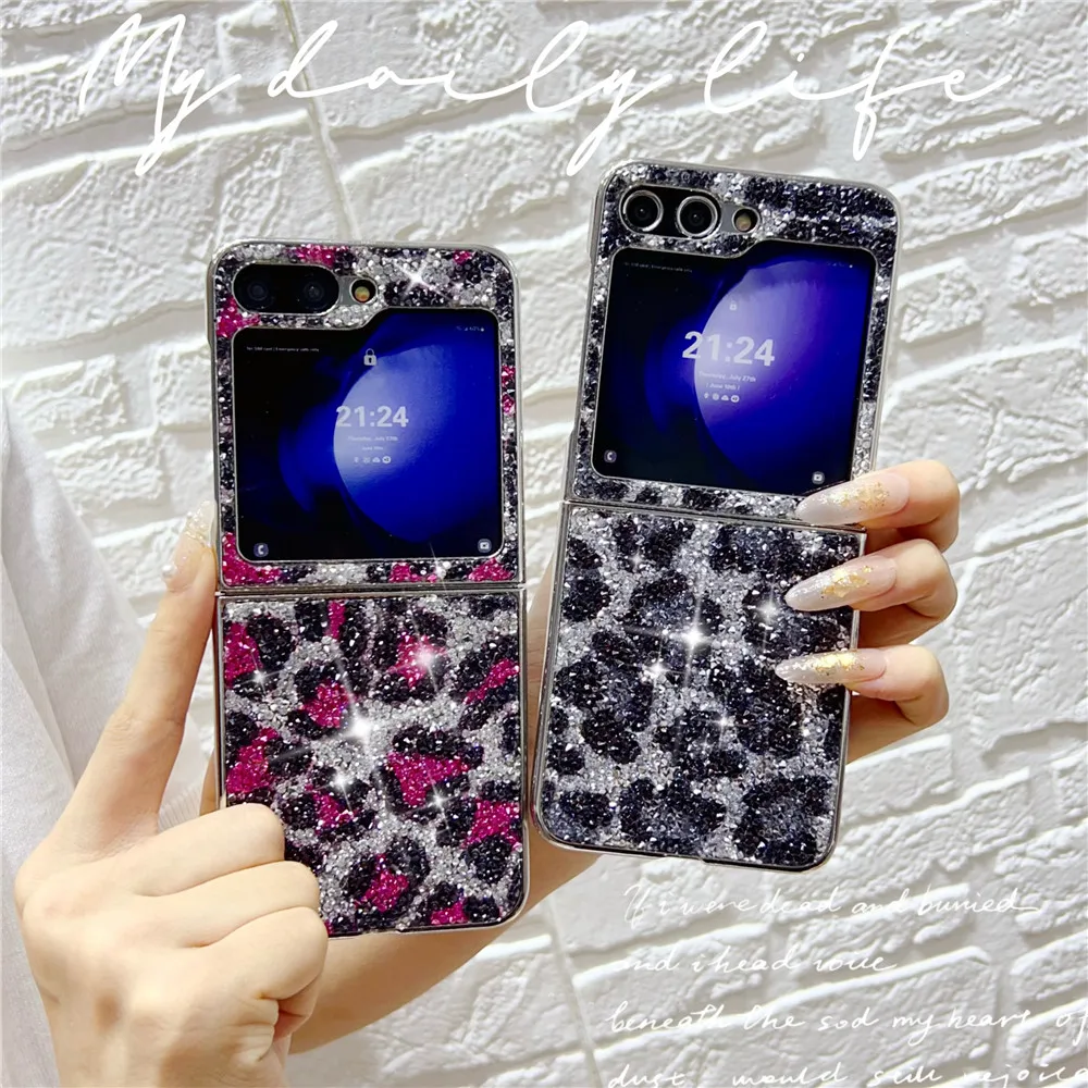 

Lovebay Flash Drill Diamond Leopard Print Glitter Case For Samsung Galaxy Z Flip 3 4 5 6 Bling Sparkle Folding Protective Cover