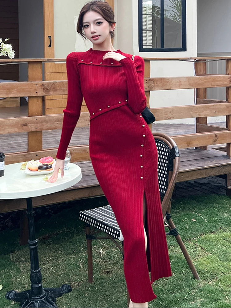 Nova chegada feminina primavera rio vestido de festa de malha elegante senhora do escritório split bodycon camisola vestido vestidos