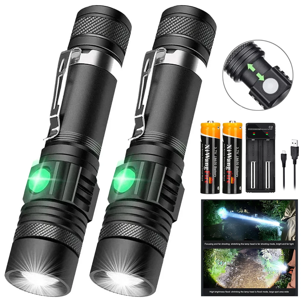 T6 LED Flashlight USB Charging 18650 Lithium Battery Telescopic Zoom Flashlight with pen clipOutdoor Emergency Searchlight