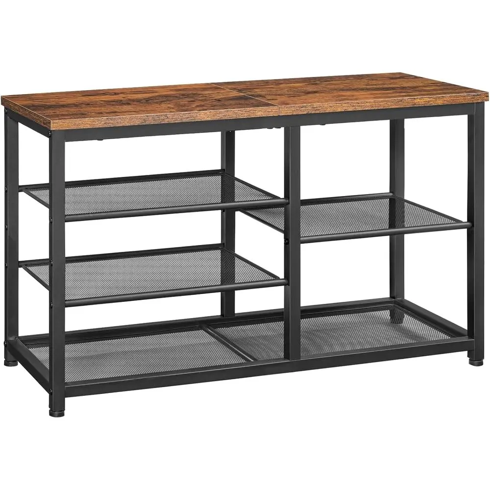 

5-Tier Mesh Shoe Rack Bench, Rustic Brown & Black, 11x31.5x19.7, Industrial Entryway Storage