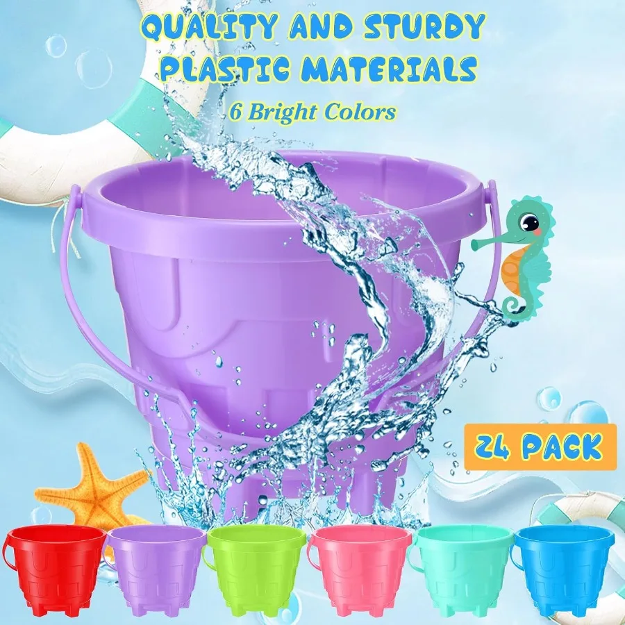 Paquet de 24 seaux de sable de 7.5 pouces en vrac pour enfants, seaux de plage en plastique avec pelles, moule de château de plage amusant, jouets de sable pour piscine d'été