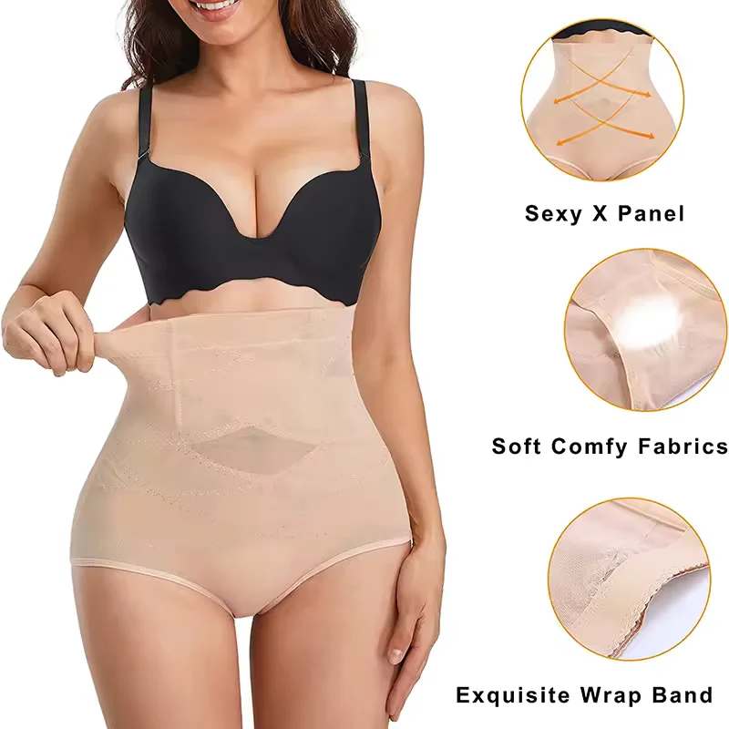 Women High Waist Body Shaper Cross Mesh Girdle Shapewear Panties Tummy Control Slimming Waist Trainer Butt Lifter Sexy Underwear