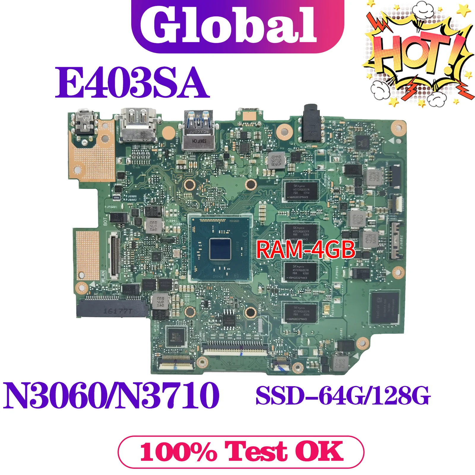 KEFU E403S Mainboard For ASUS E403SA Laptop Motherboard N3050/N3060 N3700/N3710 SSD-64G/128G 4GB/RAM MAIN BOARD TEST OK