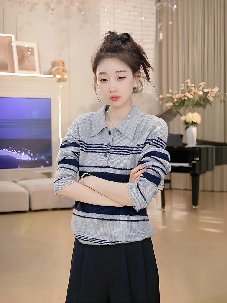 

OUDOEE Повседневная трикотажная рубашка с воротником, в полоску, с цветовыми блоками, базовый слой, внутренняя одежда, зимняя, из мягкого полиэстера, с длинным рукавом