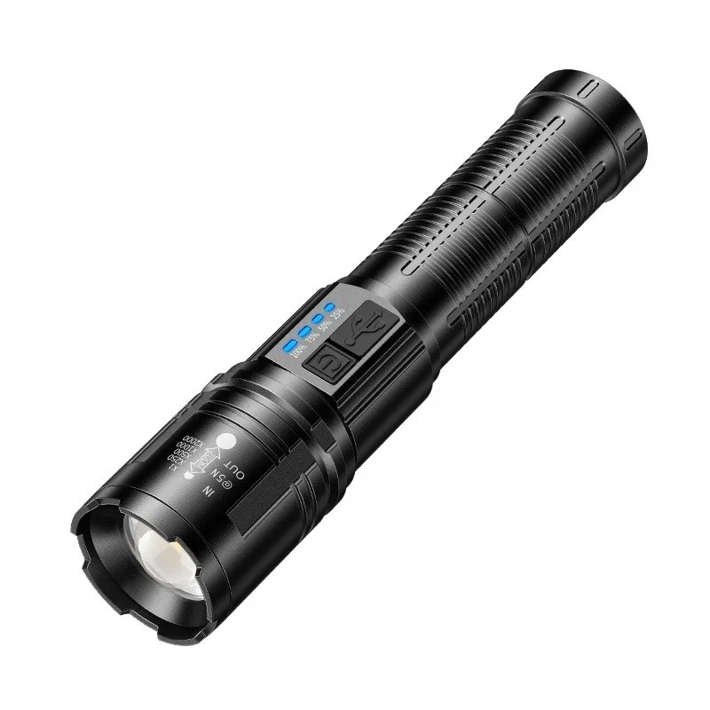 Handheld Outdoor High Lumen Flashlight Telescopic Zoom Adjustable Focus with Battery Power Display and USB Rechargeable Portable