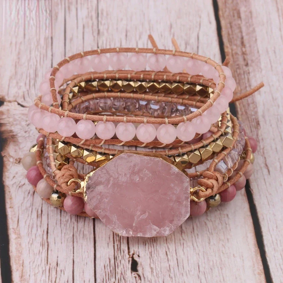 Natural Crystal Stone Bracelet Pink Quartz Leather Wrap Bracelets for Women Rose Gems Crystal Beads Bohemia Jewelry 5 Strand