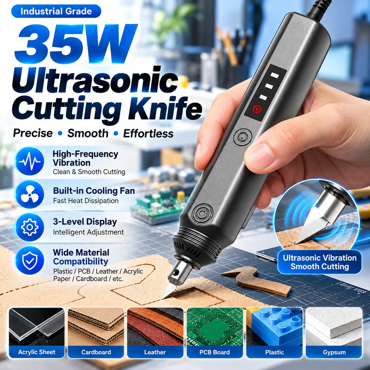 V8 PRO 35W Hand‑Held Ultrasonic Cutting Knife DC12V 3‑Gear Display DIY Electric Cutting Grinding for Plastic/Resin/3D Printing