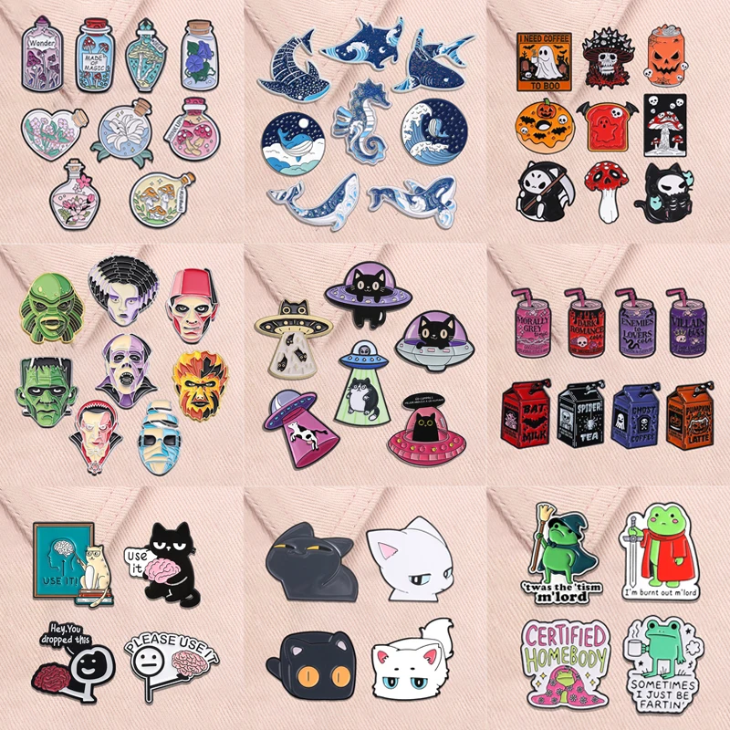 2-10pcs/set Halloween Goth Skeleton Enamel Pins Horror Movies Monsters Killer Ghost Pumpkin Space Cat Brooches Jewelry Gifts