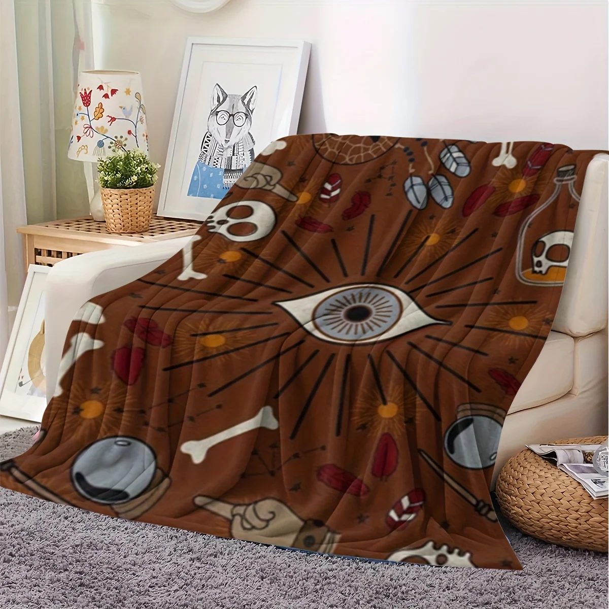 Bohemian Witchcraft Gothic Style Single-Sided Printed Blanket - Orange and Black Skull, Bones, Feathers & Vial Pattern, Soft Dur