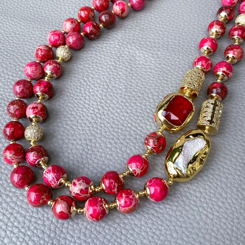 KKGEM 2 Strands Red Jade White Biwa Pearl Bead  10mm Round  Fuchsia Sea Sediment Jasper Necklace Choker Jewelry
