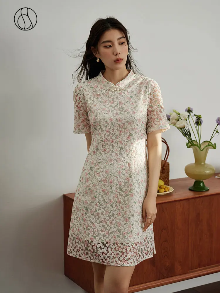 DUSHU New Chinese Style Women Improved Cheongsam Dress Floral Knee-Length A-LINE Skirt Stand Collar Design Women Summer Dresses