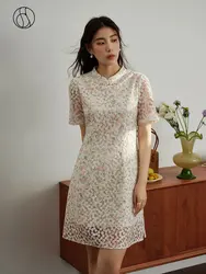 DUSHU New Chinese Style Women Improved Cheongsam Dress Floral Knee-Length A-LINE Skirt Stand Collar Design Women Summer Dresses