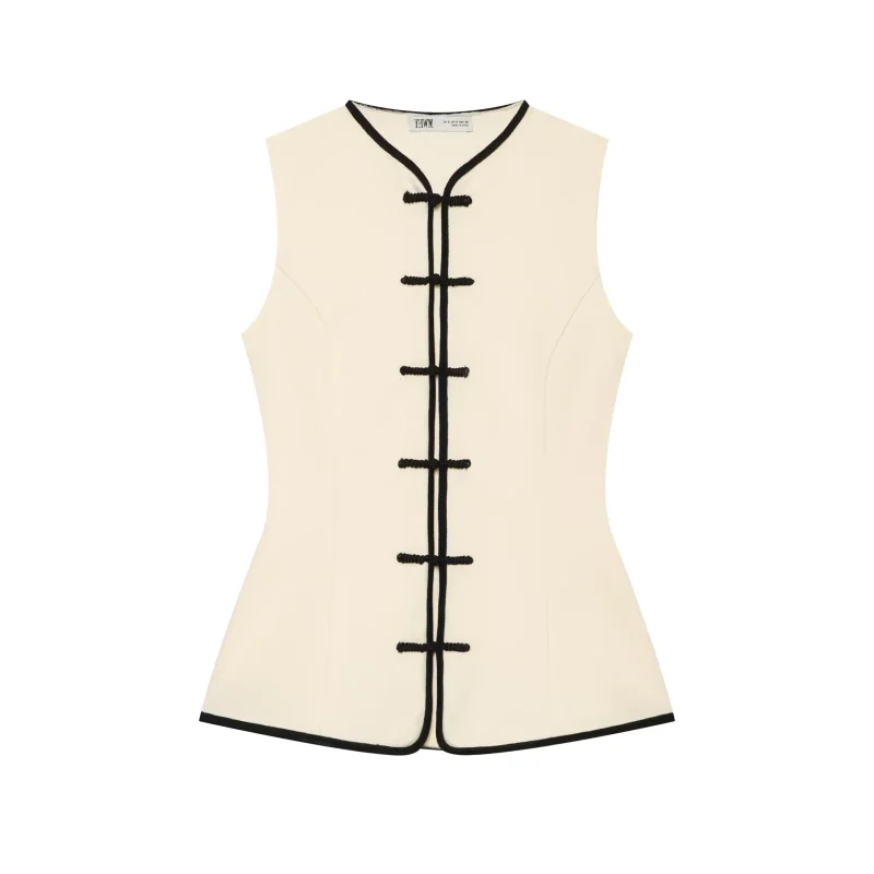 Summer Women's Sleeveless Round Neck Tie Style Blazer With Edge Trim Front With Traditional Hand Embroidered Buttons For Opening