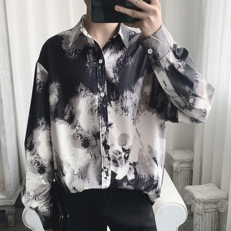 Fashion Lapel Button Loose Printed Casual Tie Dye Shirts Men\'s Clothing 2023 Summer New All-match Tops Long Sleeve Korean Shirt