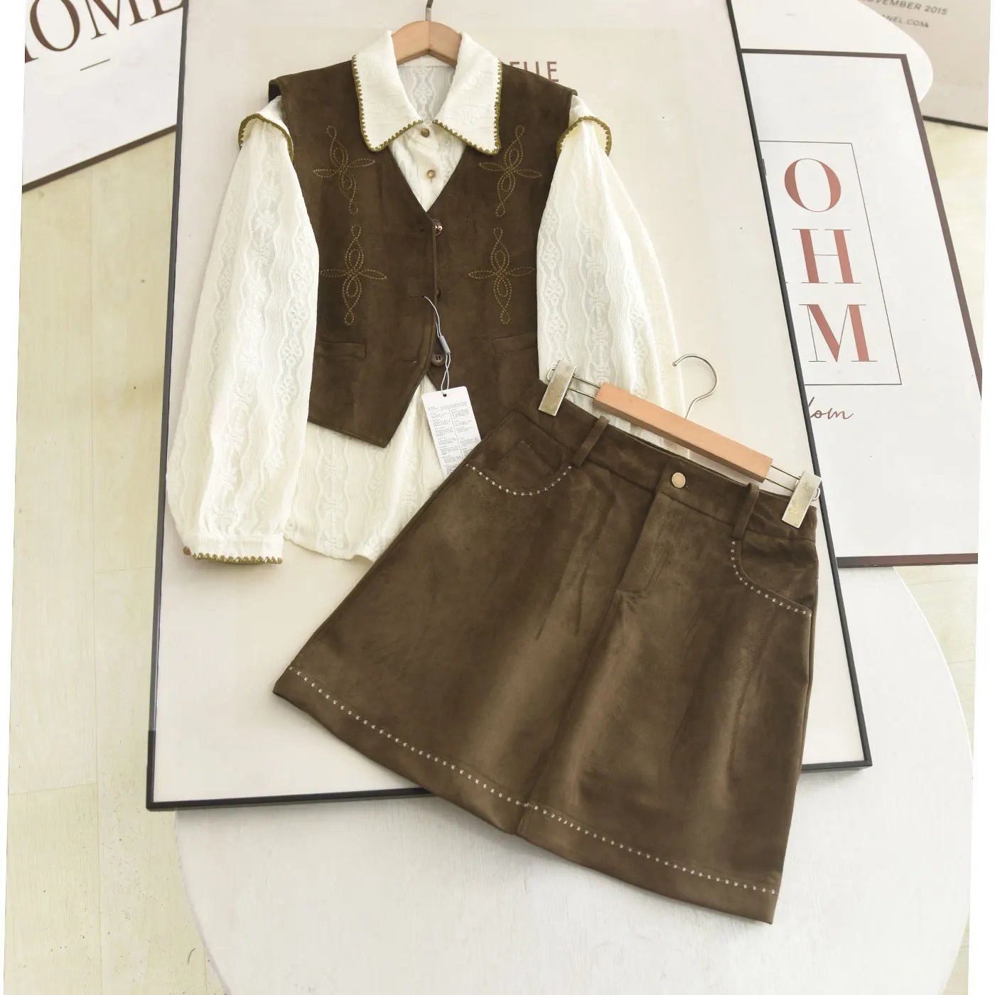 

Bohemian Style Three-Piece Set Embroidered Suede Vest A-Line Skirt Shirt Women's Fashion Spring Collection Long Sleeve