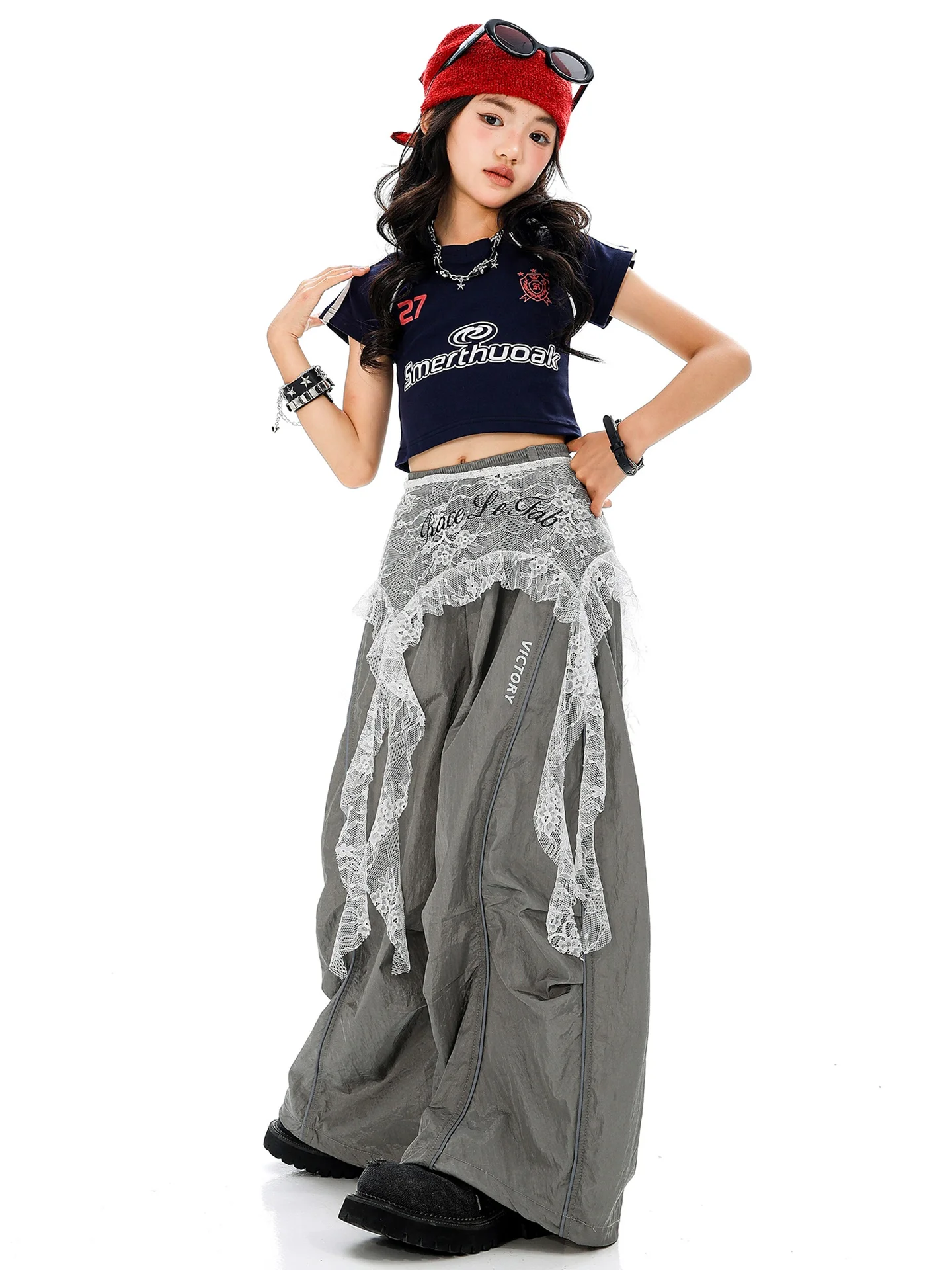New Girls Hiphop Suit Jazz Dance Team Performance Clothes Short Sleeve Black Crop Top Pants Street Dance Costumes Wear DQL11200