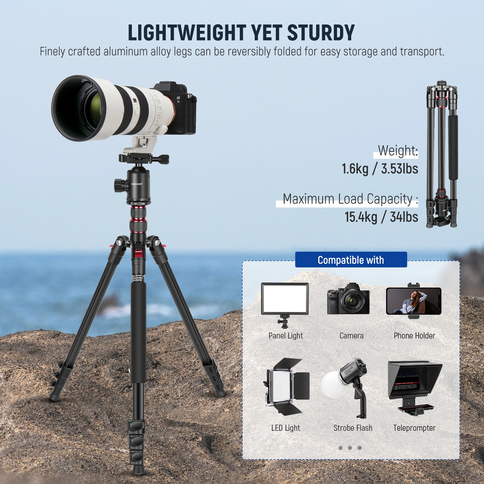 NEEWER 77 inch Camera Tripod Monopod with Phone Holder for DSLR, Phone with 360° Panoramic Ball Head, 2 Axis Center Column