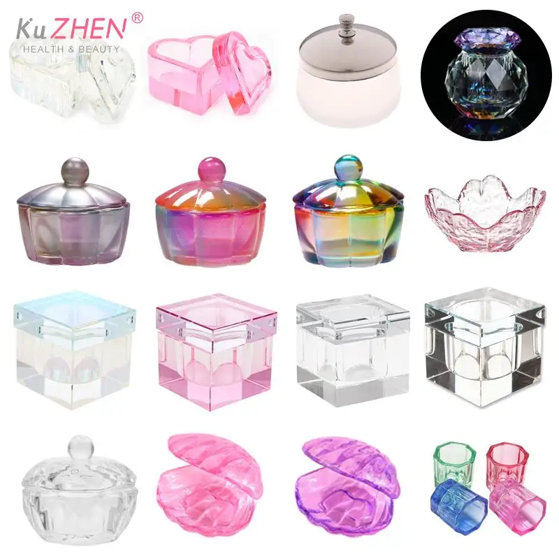 1 Stück Regenbogen quadratische Herz Tasse Acryl flüssige Schüssel kristall klare Krone Glas Tasse mit Deckel Schüssel für Acryl pulver Nail Art Tool