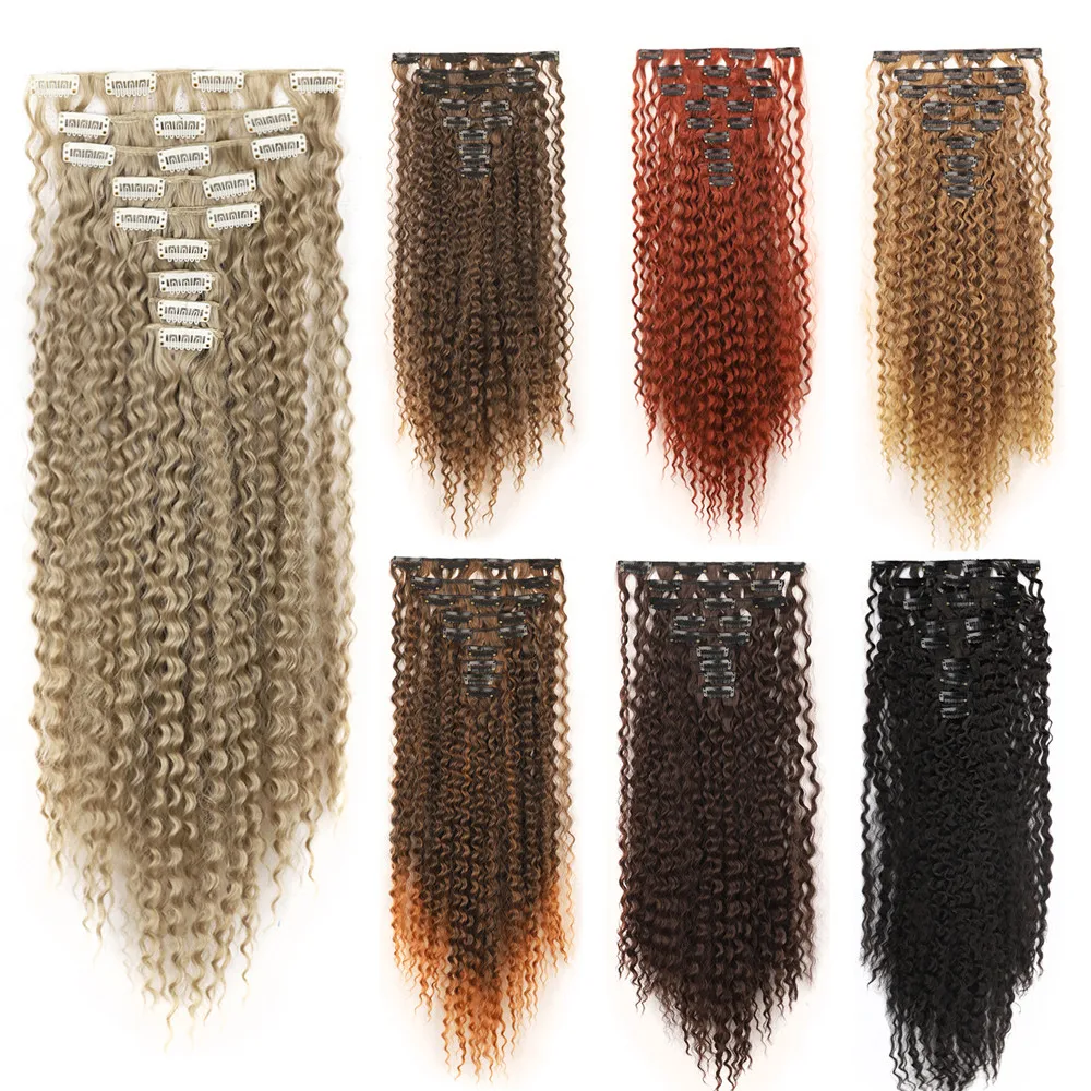 

24inch Synthetic Kinky Curly Hair Extensions 9Pcs/Set Clip in Hair Extension Clip-on Black Brown Fake Hair Pieces For Women