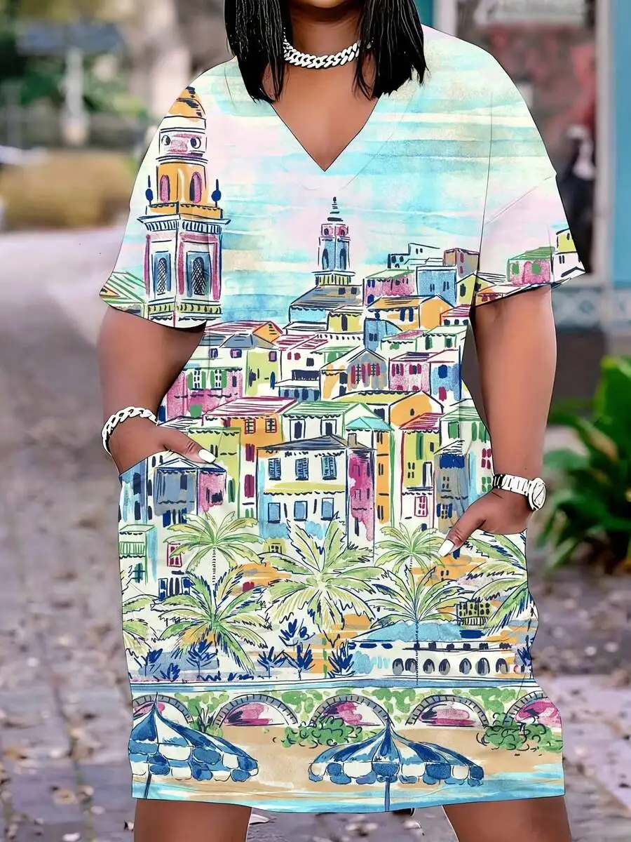 

Colorful Cityscape Print V Neck Short Sleeve Dress With Palm Trees And Beach Umbrellas For Women