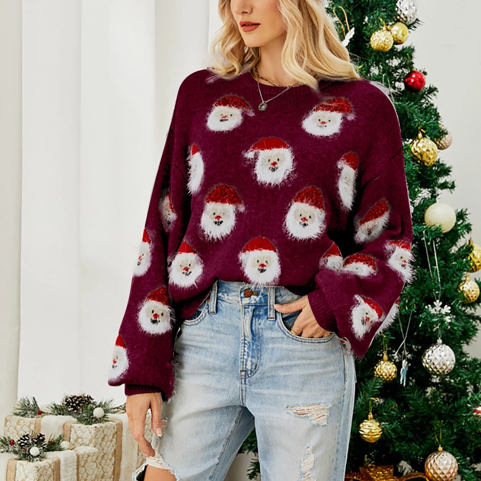 Womens Solid Long Sleeve Sweater Vantage New Year Blouse Female Pullover Ugly Sweatshirts Christmas Santa Claus Hoodies Pullover